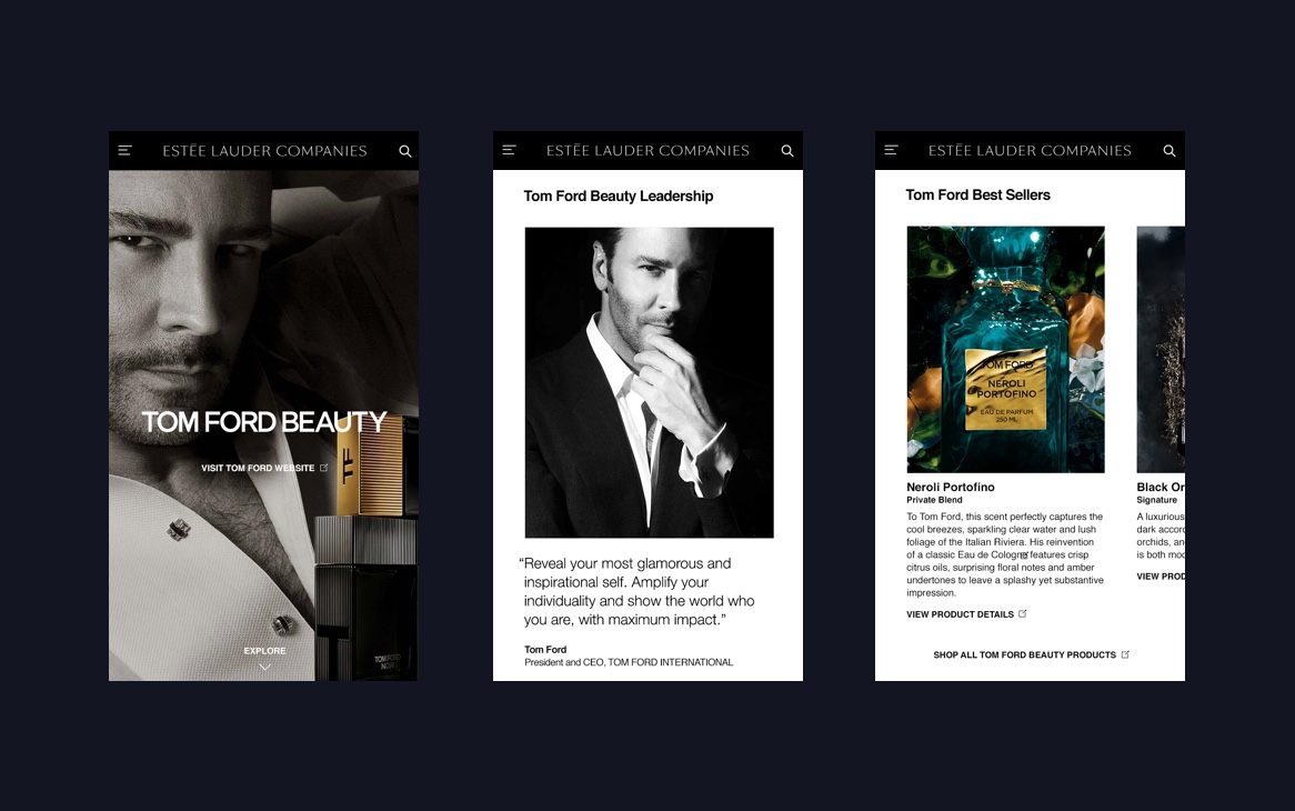 Estée Lauder Companies website brand page Tom Ford Beauty mobile design